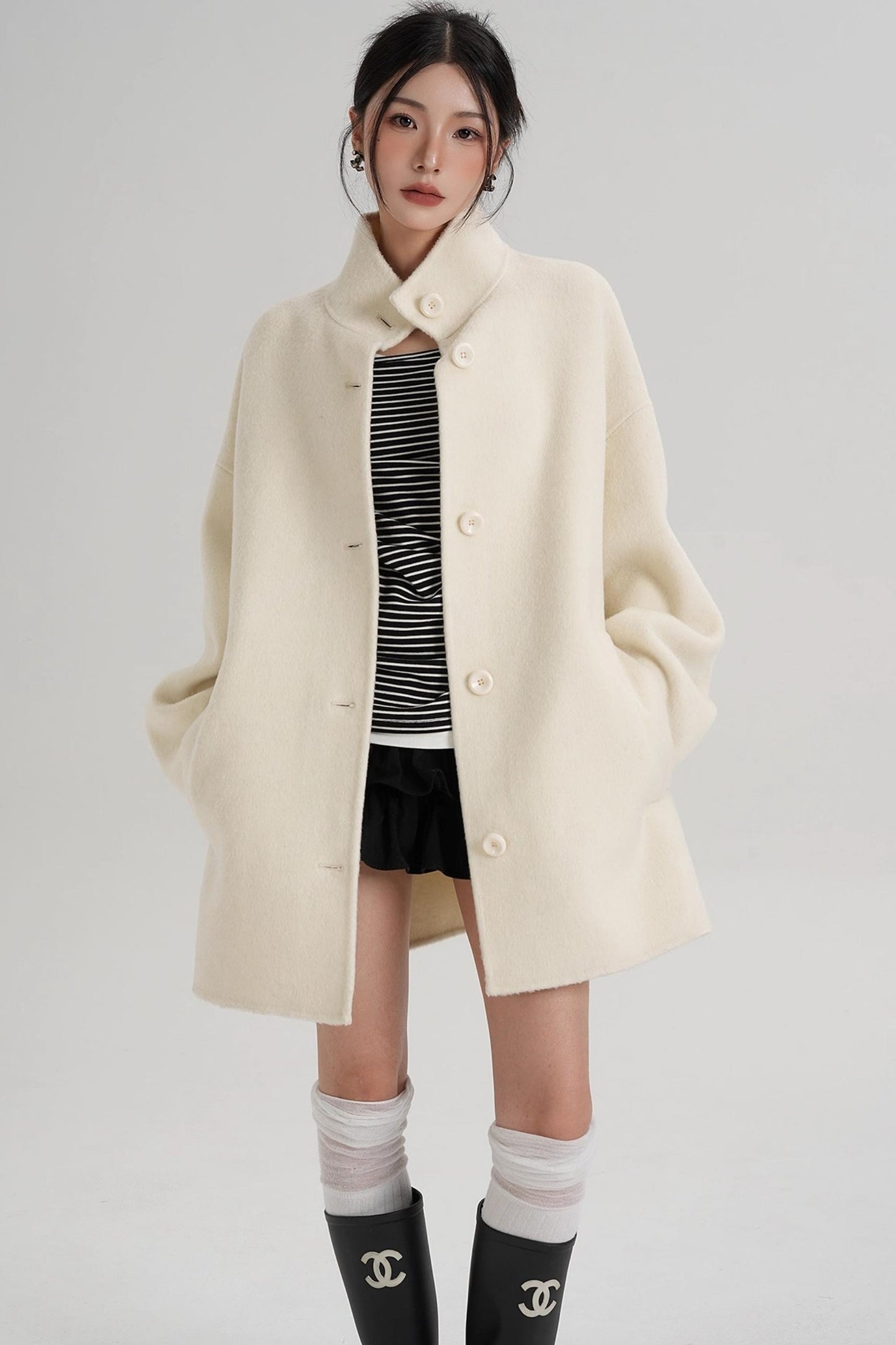 Stand-Up Collar Loose Sleeve Wool Jacket