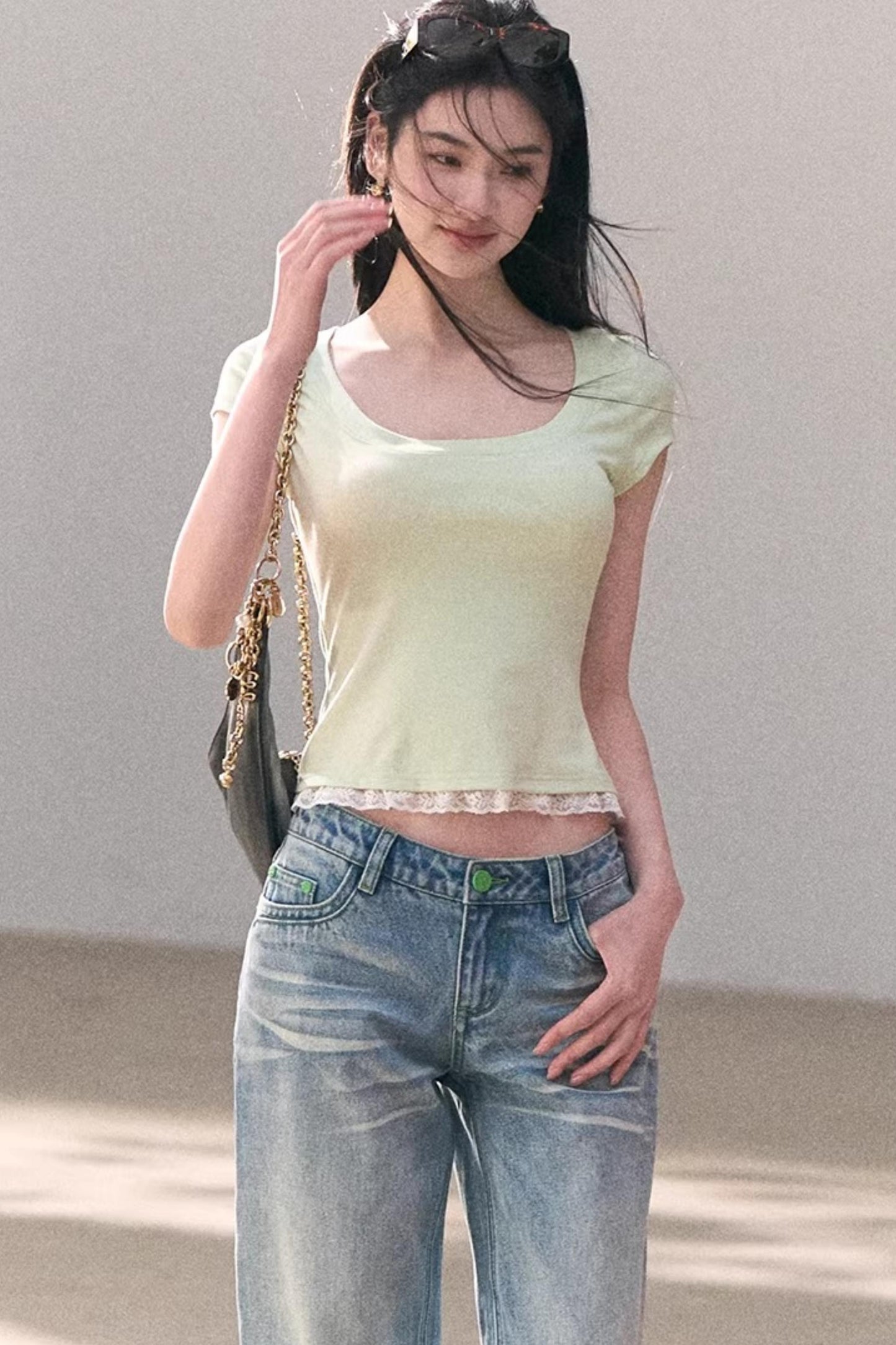 레이스 보헤미안 반팔 티셔츠