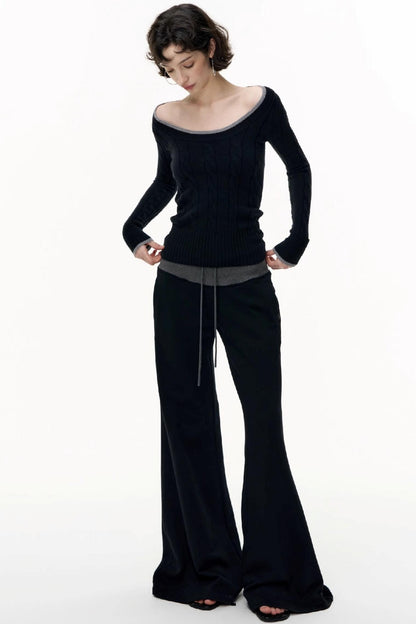 Drawstring Cotton Flared Sweatshirt Slacks