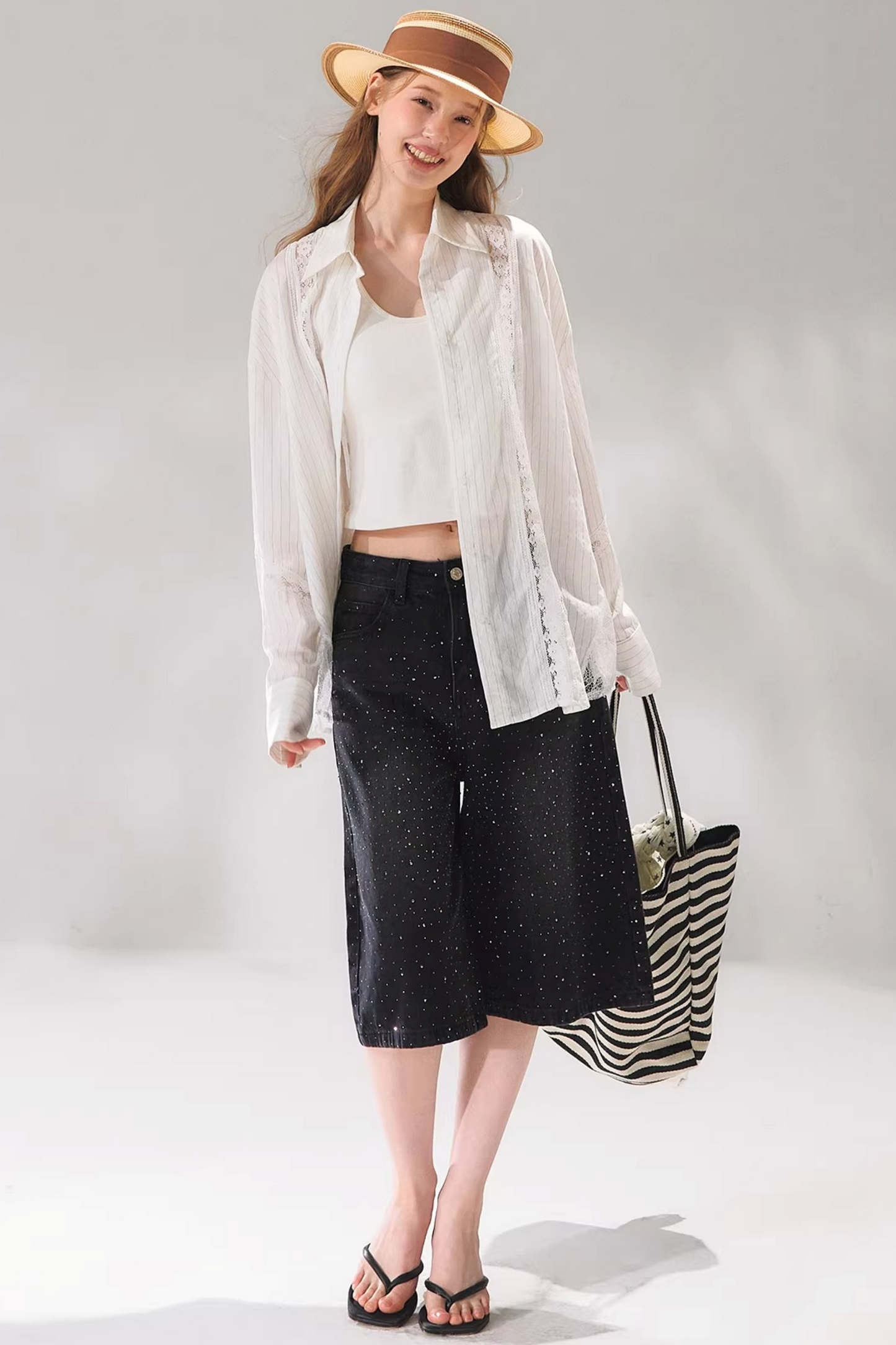 Striped Lace Embroidered Cardigan Set-Up