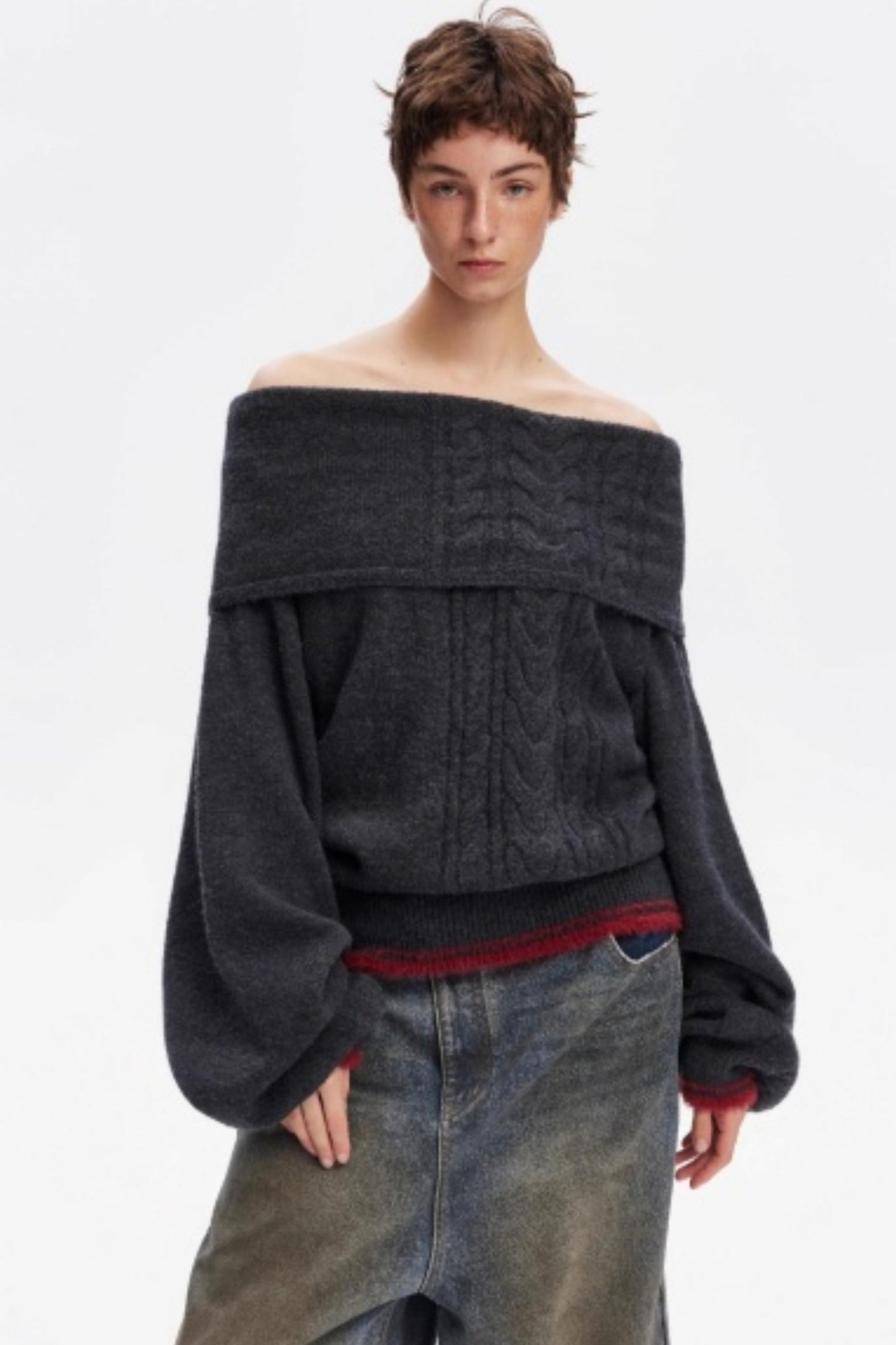 Off-Shoulder Color-Blocked Knit Sweater