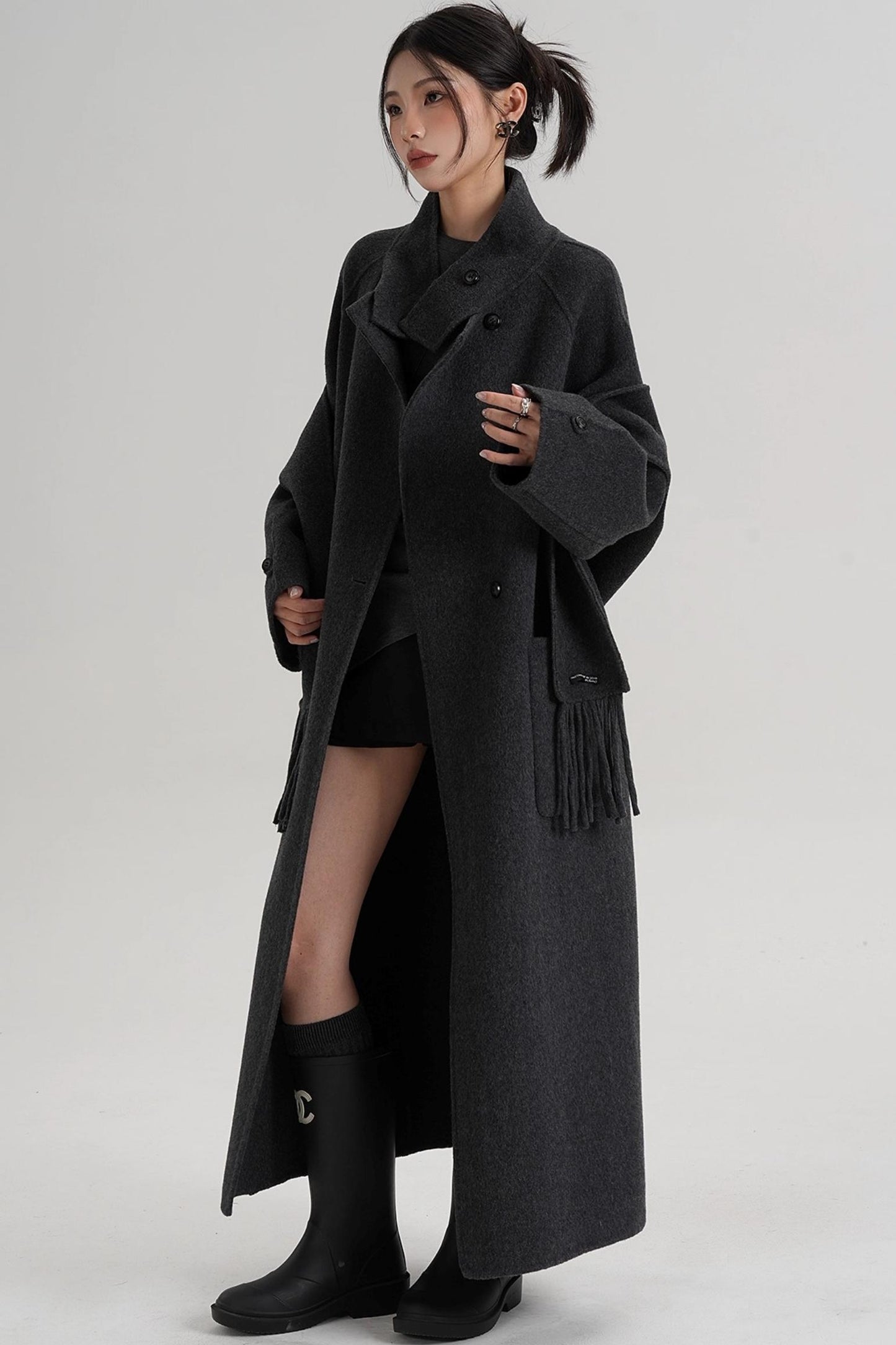 Temperament Hooded Scarf Wool Coat