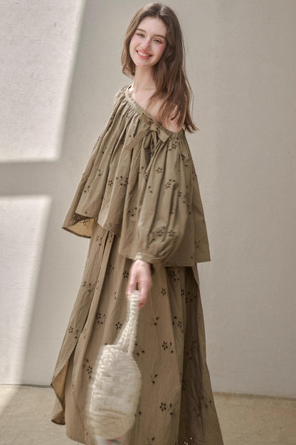 Embroidery Elegant Slanted Shoulder Skirt Set-Up