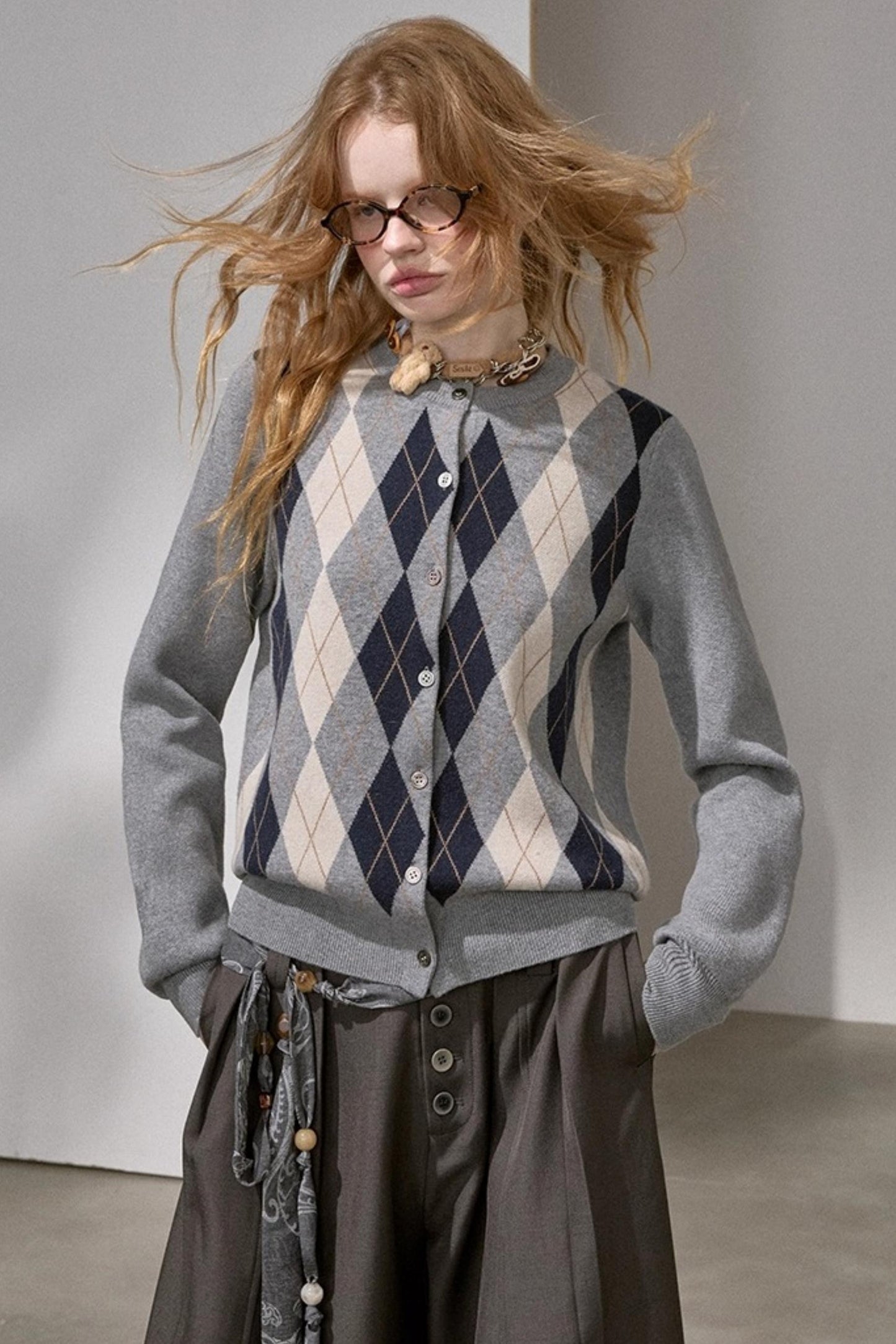 Retro Diamond-Pattern Knit Top