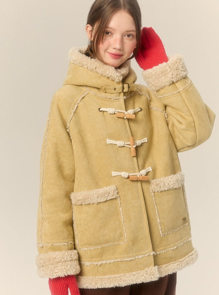 Hooded Horn Buckle Fur Jacket