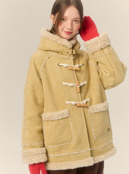 Hooded Horn Buckle Fur Jacket