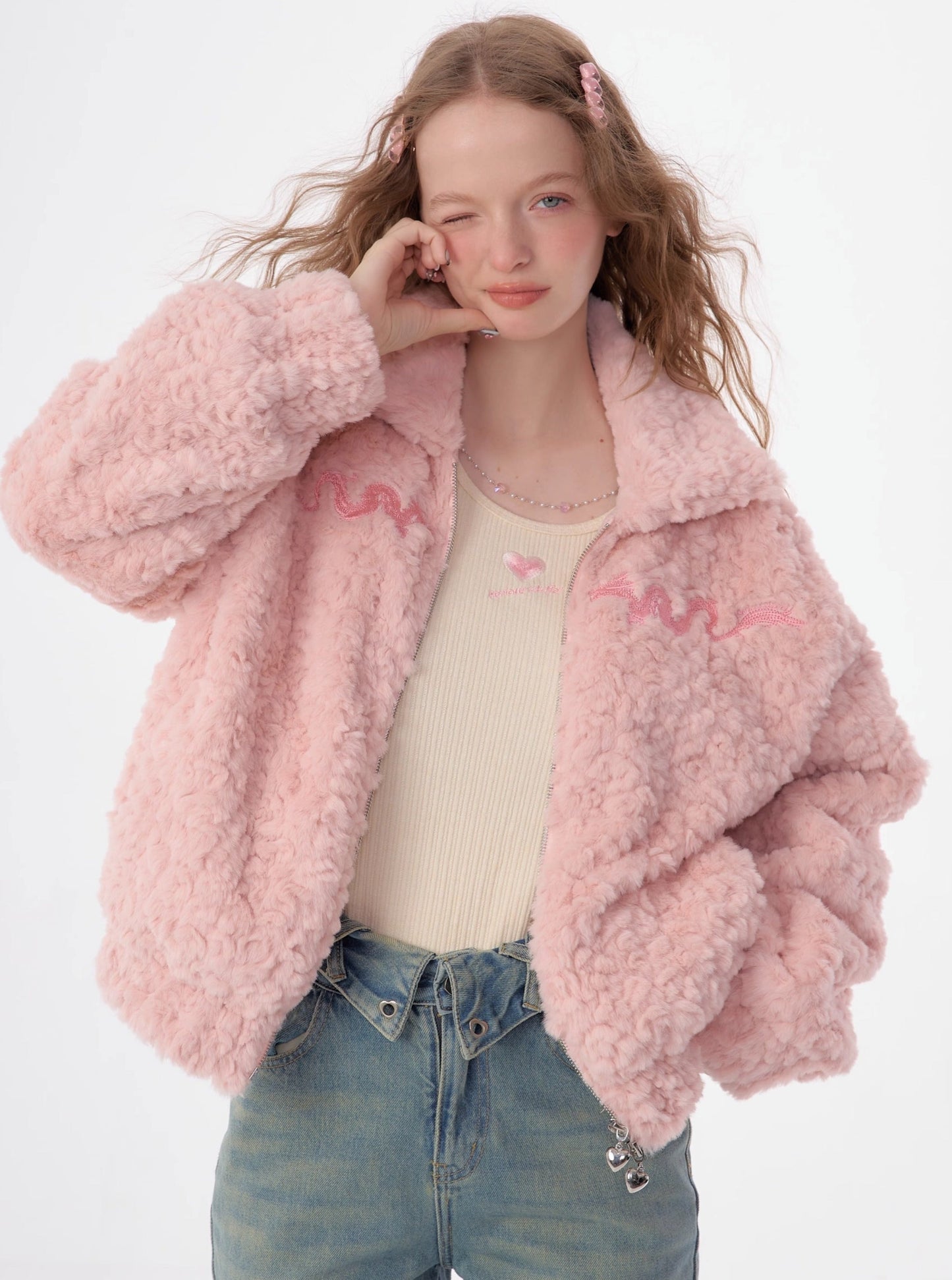 American dragon embroidery lamb wool coat