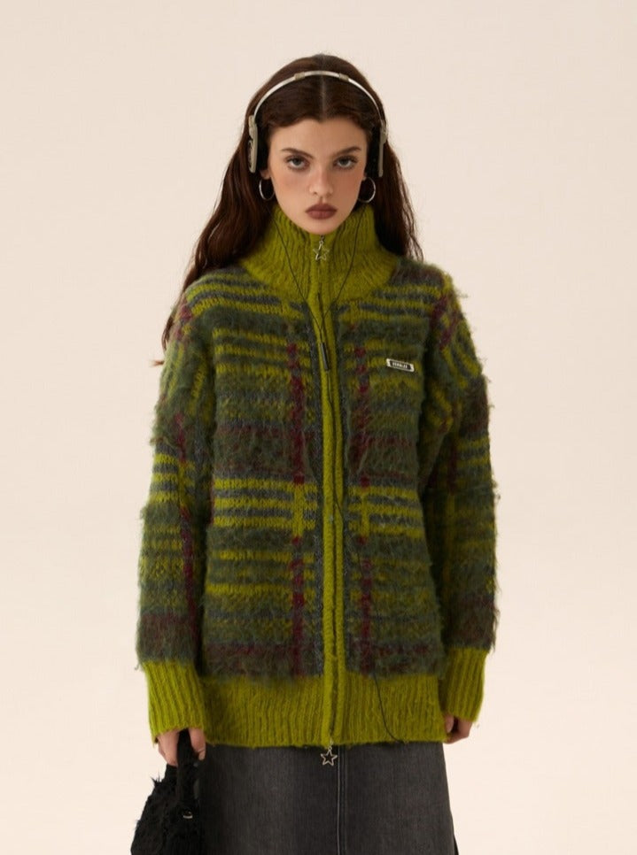 Kruppierter Mohair -Strick -Strickjacke Reißverschluss Pullovermantel