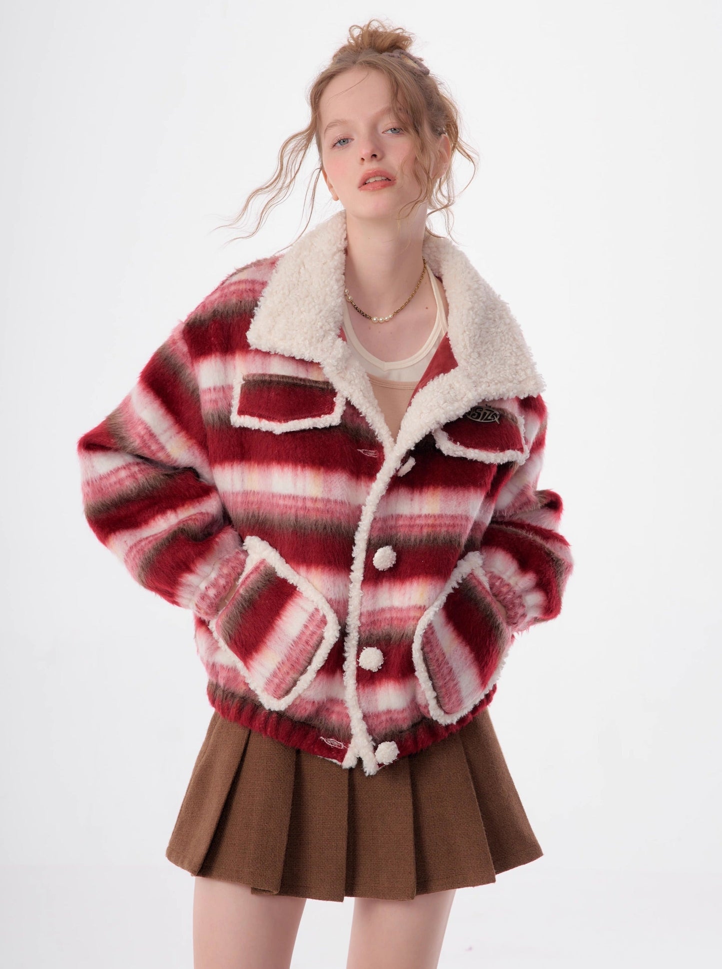 American lamb wool collar striped woolen coat