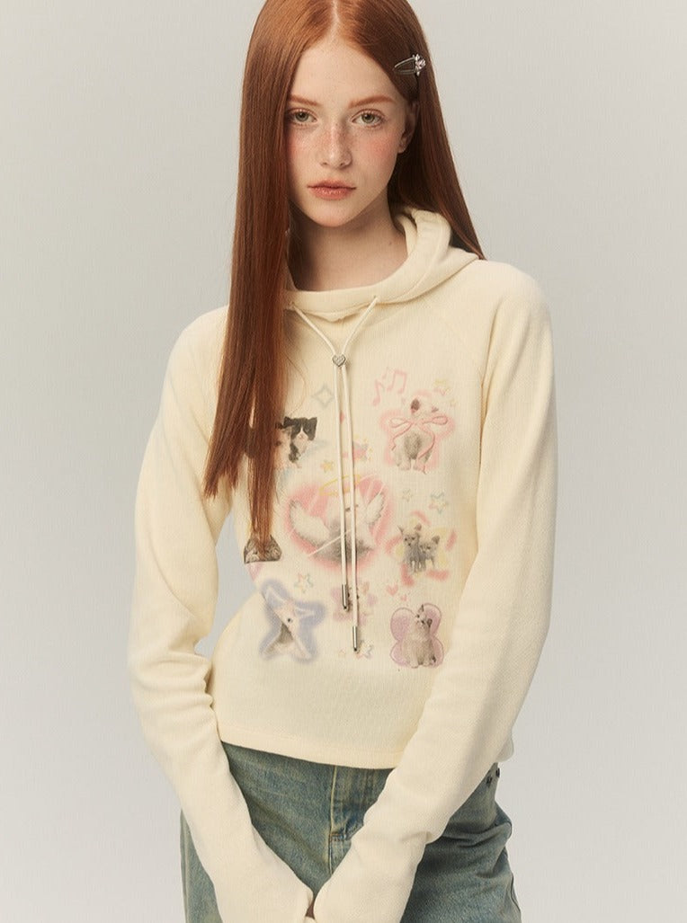 short hooded long-sleeved printed tops