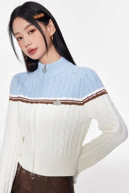 Color-Blocking Stand-Up Collar Knitted Cardigan