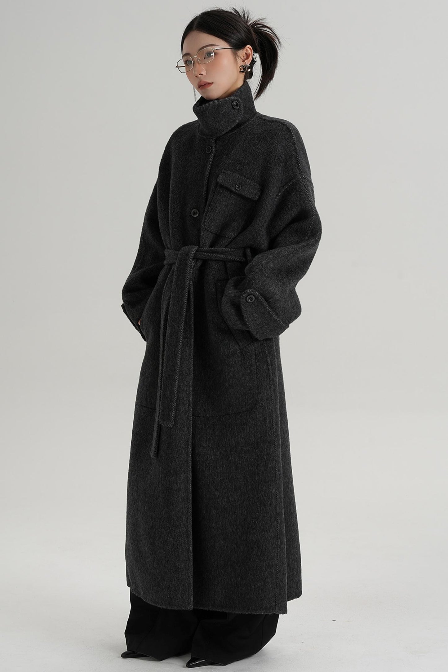Temperament Design Color-Blocking Woolen Coat