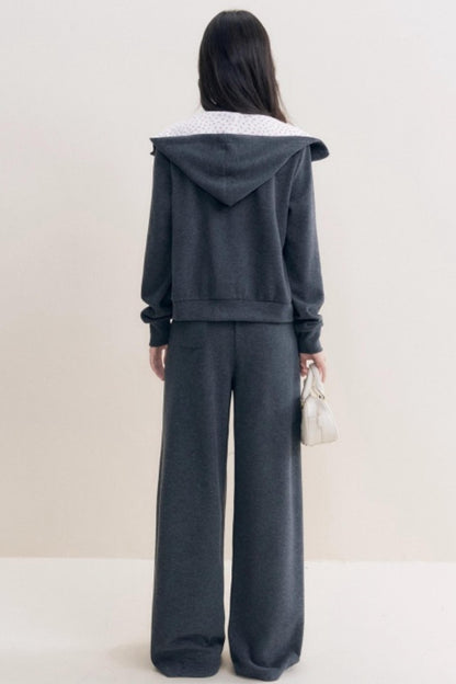 Rose Print Patchwork Hooded Jacket Set-Up