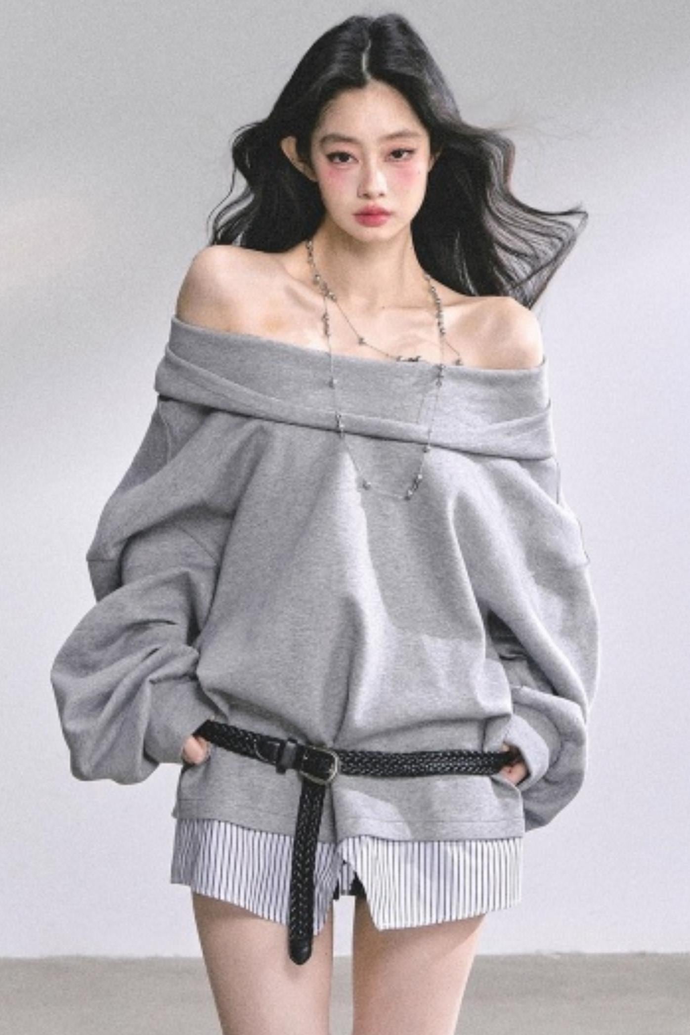 One Shoulder Grayscale Sweatshirt Dress