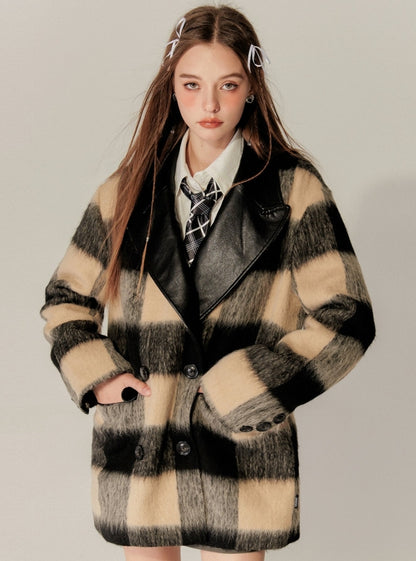 Plaid Patchwork Leather Varsity Coat