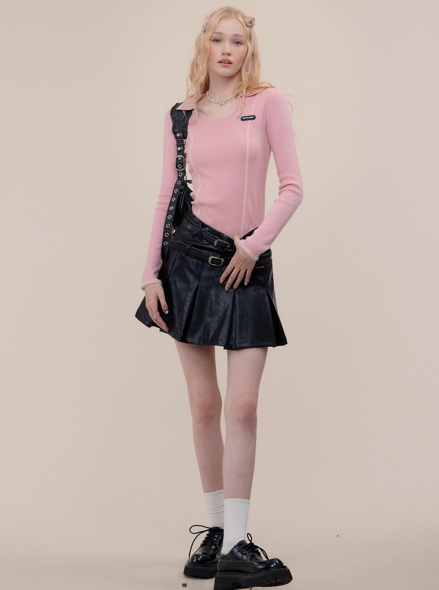 American pleated A-line PU leather skirt