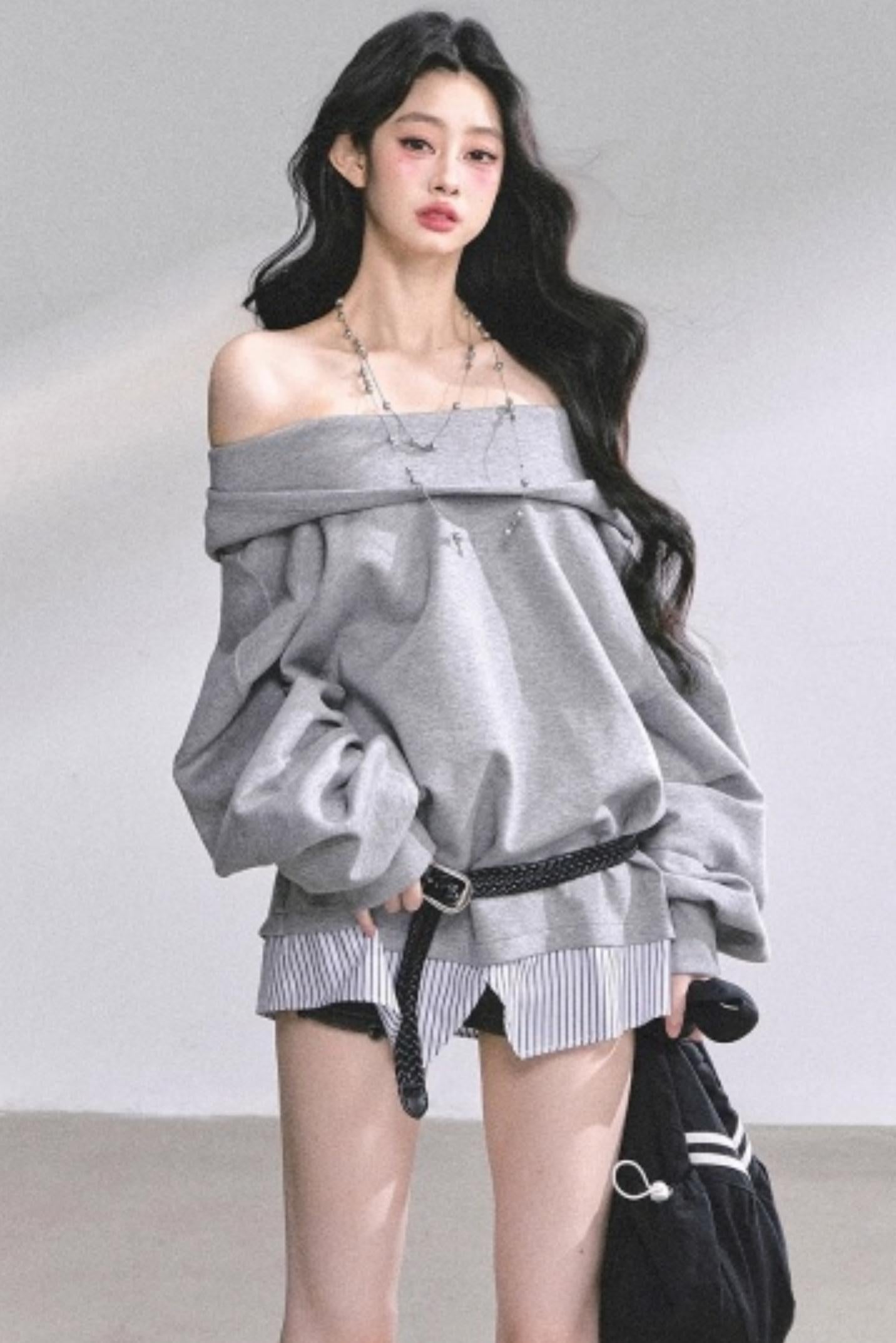 One Shoulder Grayscale Sweatshirt Dress