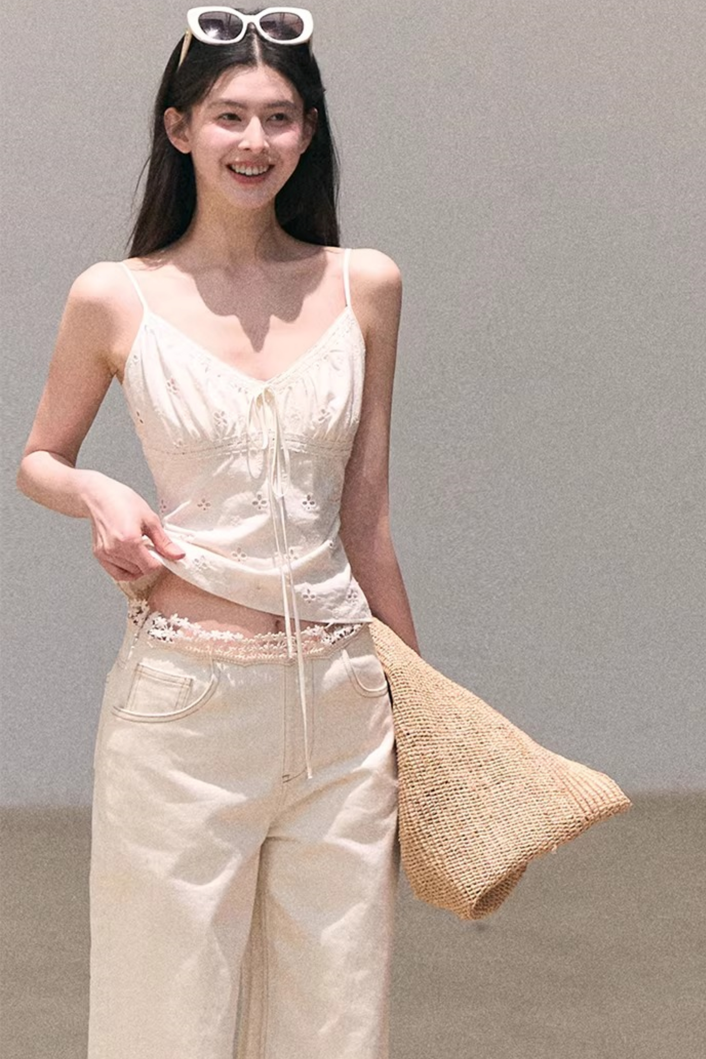 Washed Wide-Leg Lace Pants