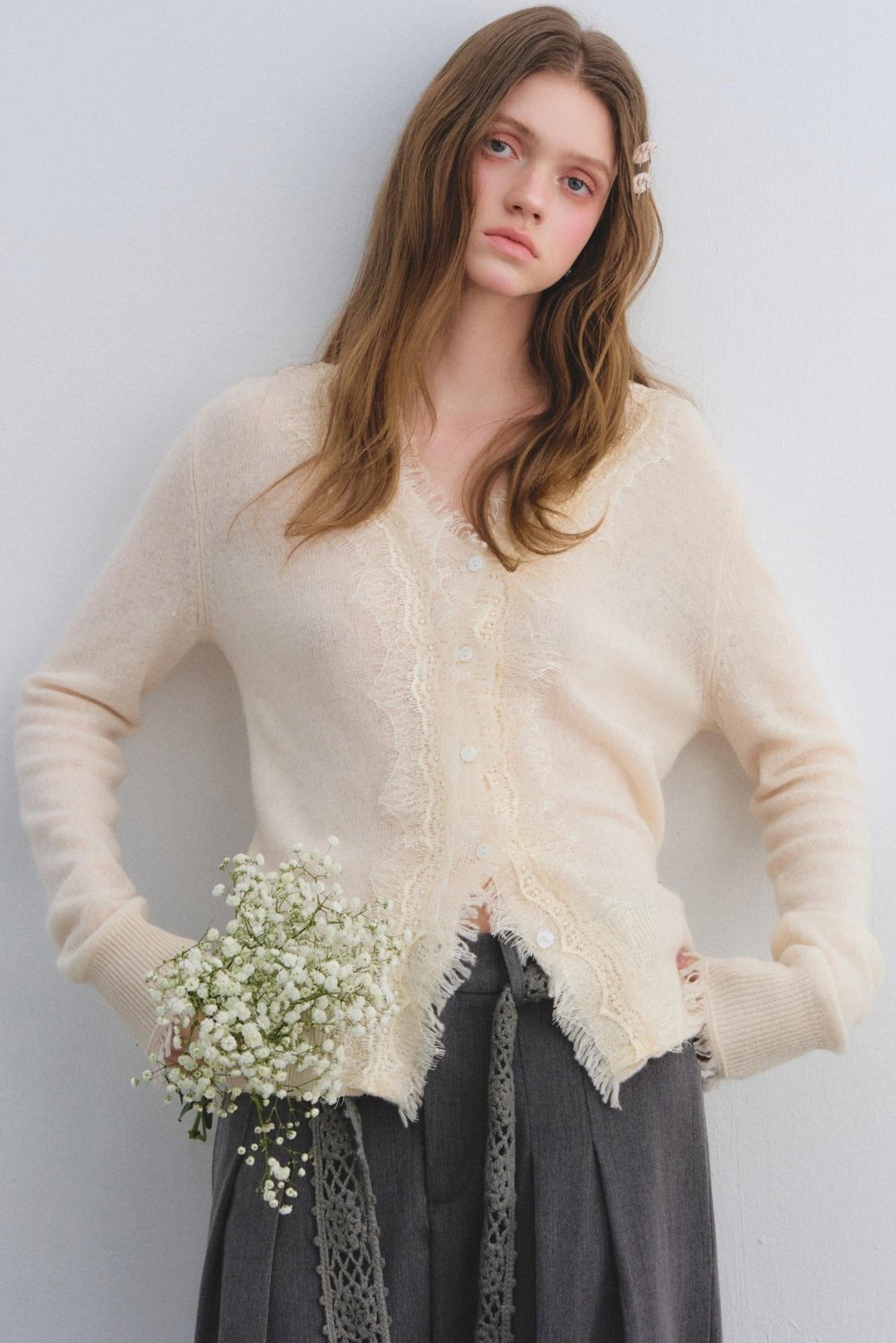Wool Lace V-Neck Knit Top