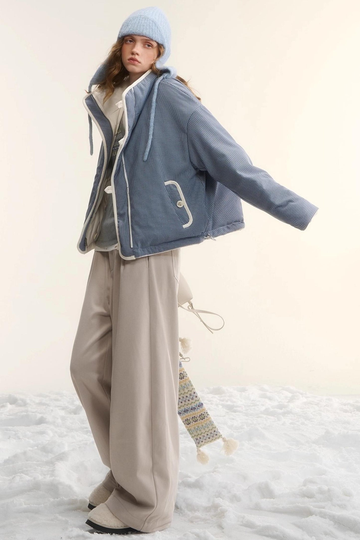 Plaid Fleece-Lined Wide-Leg Pants