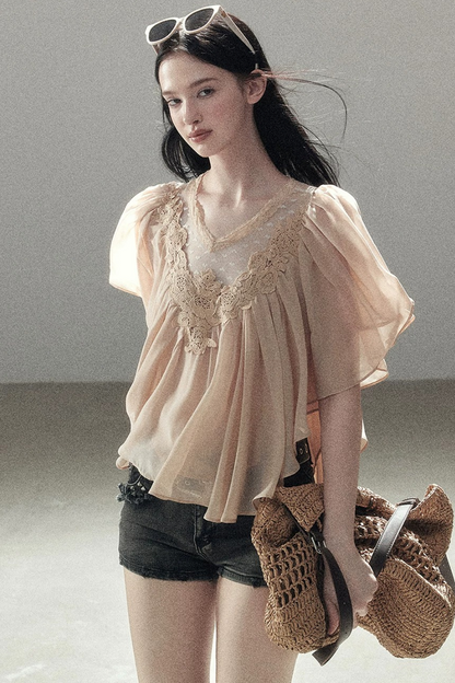 Lace Chiffon Ruffle Top