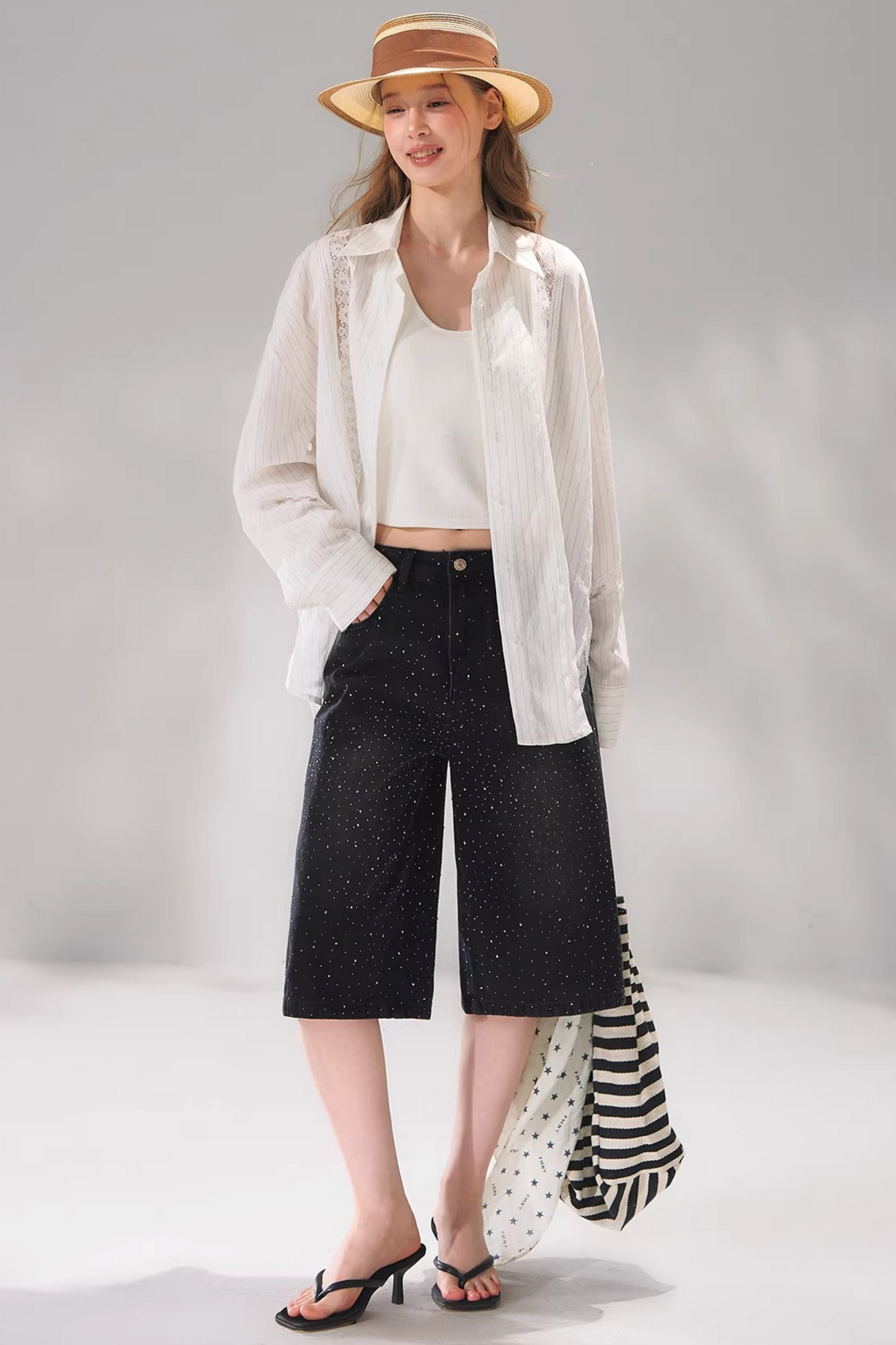 Rhinestone Denim Cropped Pants