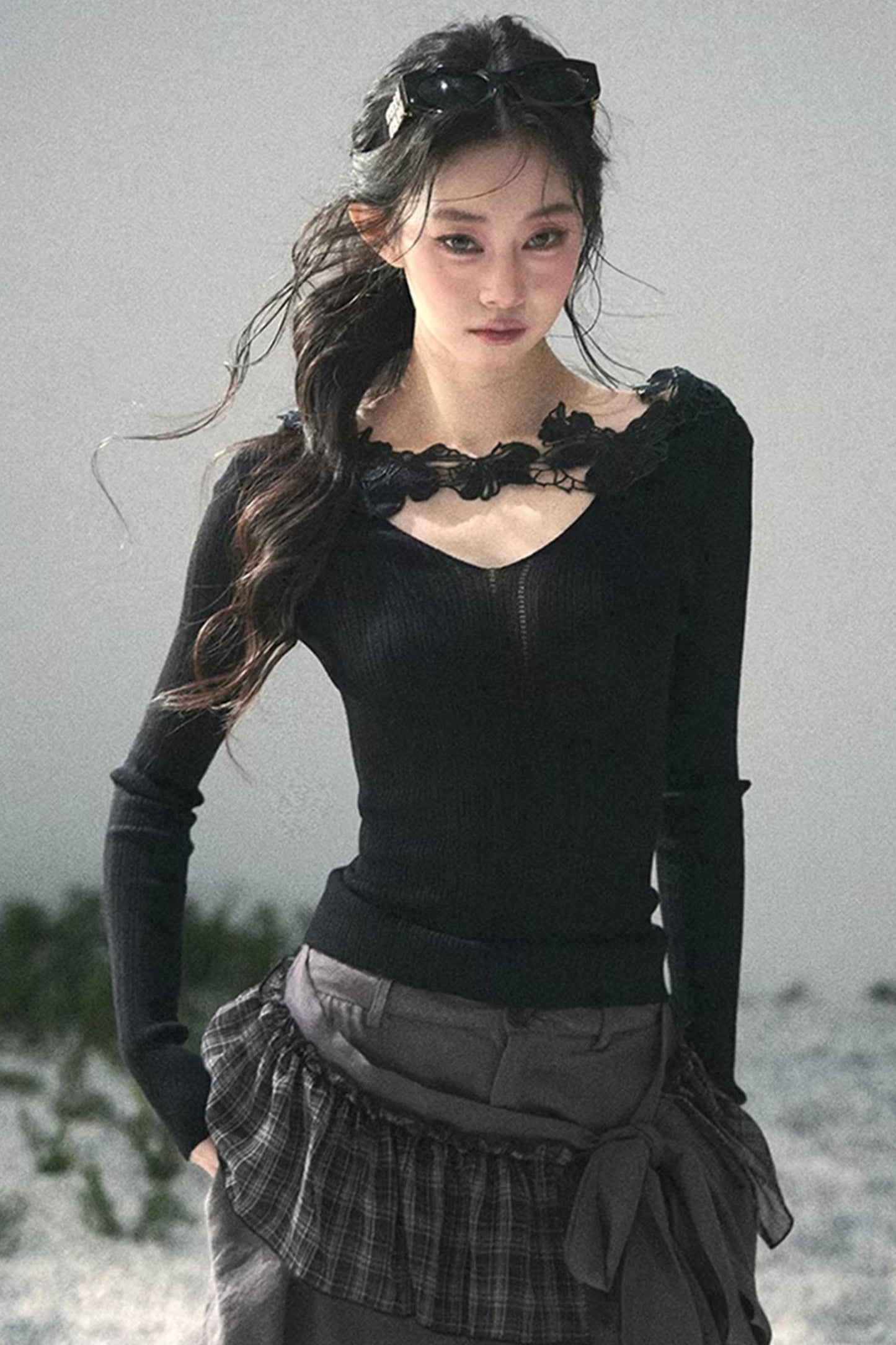 Lace-Trimmed Knitted Top