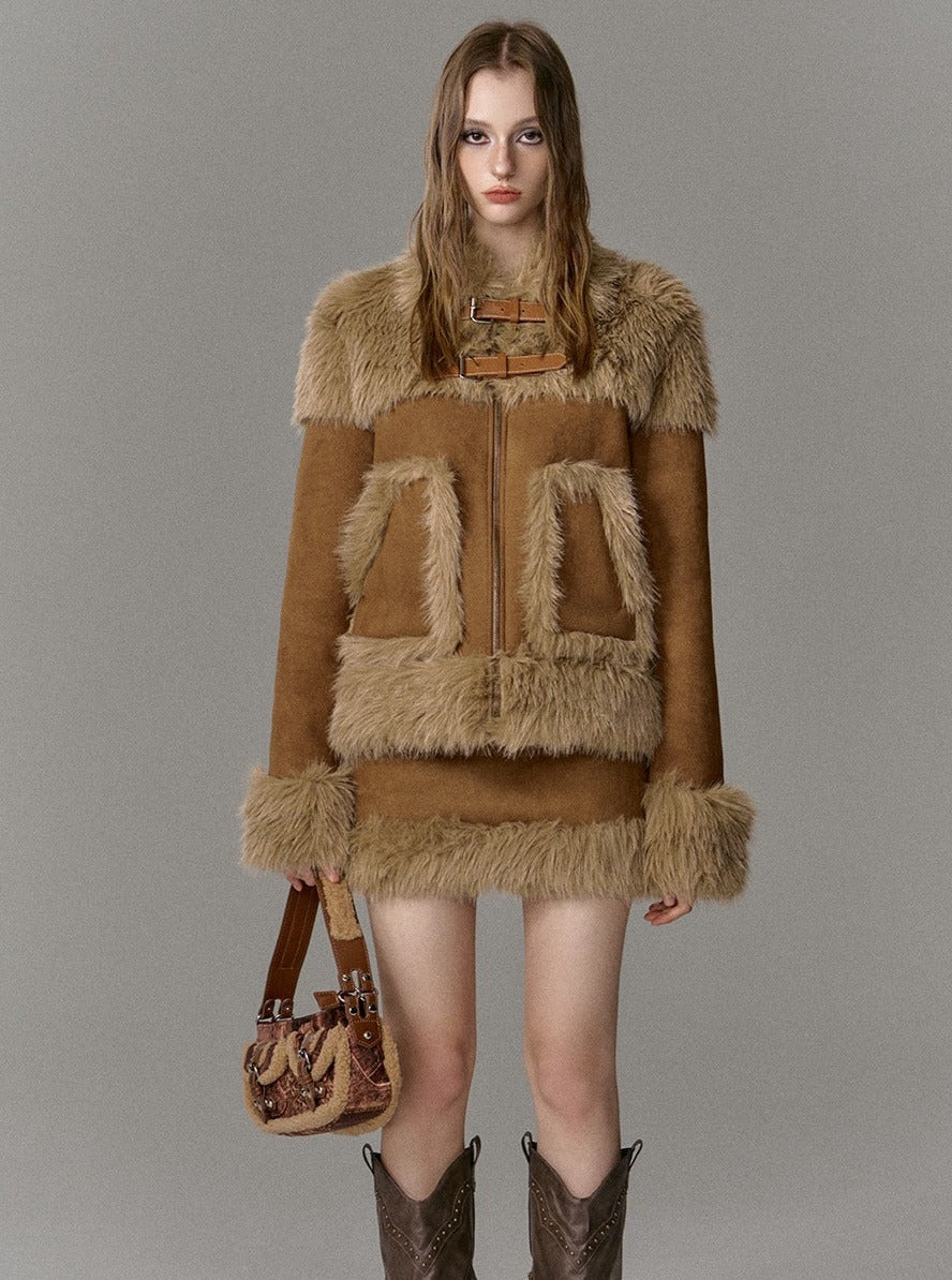 Suede fur skirt and jacket two-piece set