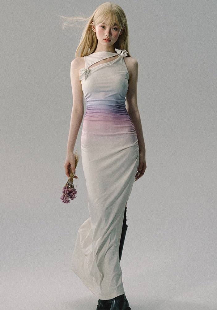 Waist drawn-in flat shoulder sleeveless gradient dress