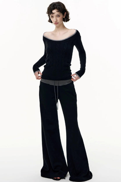 Drawstring Cotton Flared Sweatshirt Slacks