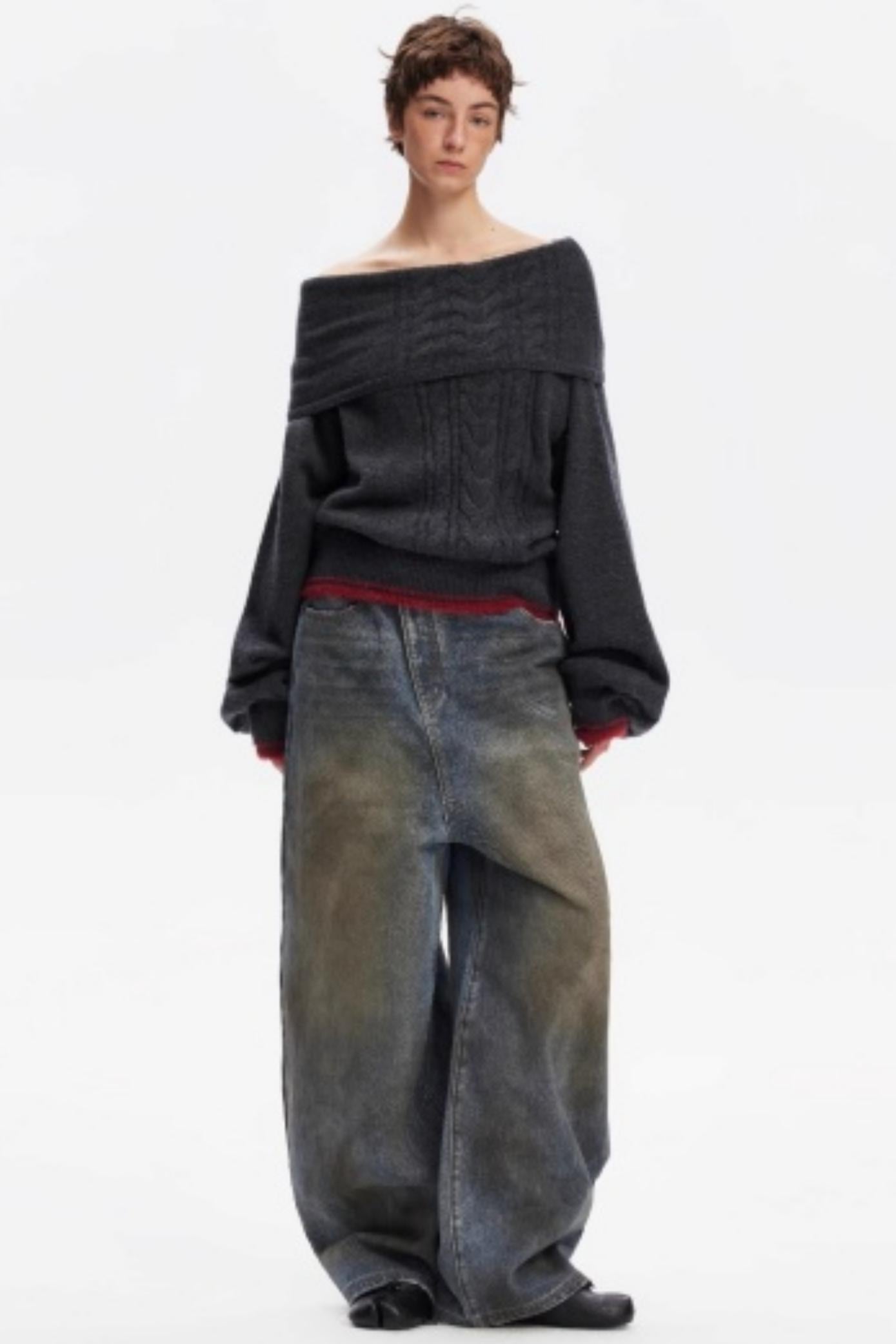 Off-Shoulder Color-Blocked Knit Sweater