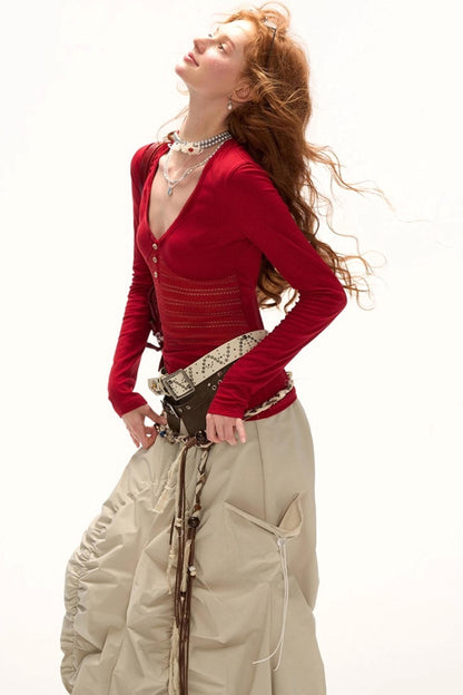 Patchwork V-Neck Long-Sleeved T-Shirt