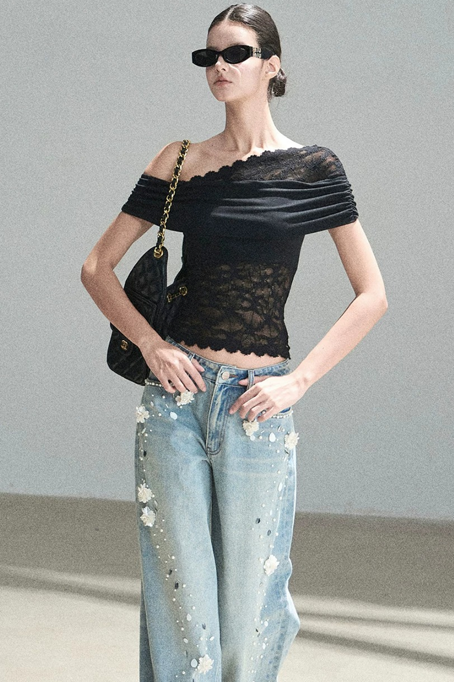 Lace Asymmetrical Shoulder Top