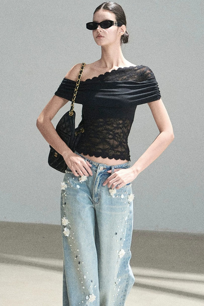 Lace Asymmetrical Shoulder Top