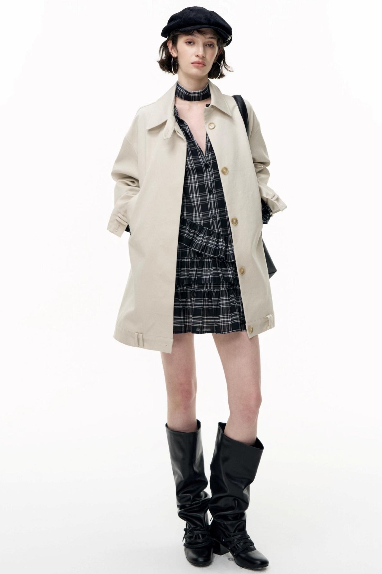 Plaid Ruffle Long Sleeve Shirt Dress