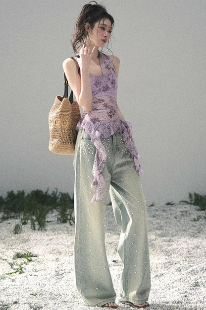 Pantalon en jean bleu clair perlé