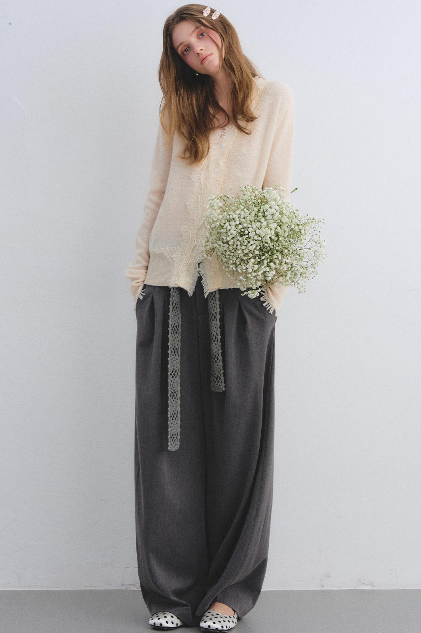 Wool Lace V-Neck Knit Top