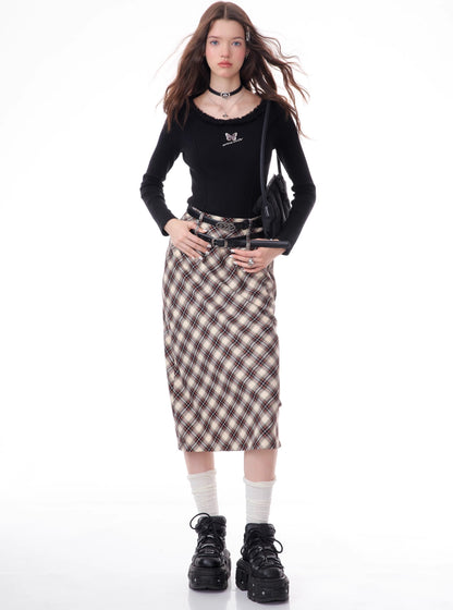 American high-waisted a-line midi plaid skirt