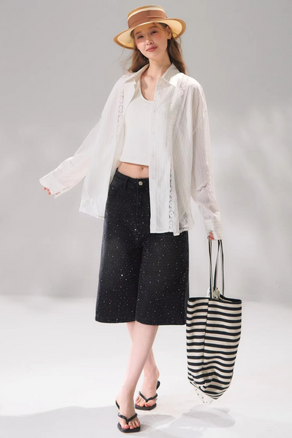 Striped Lace Embroidered Cardigan Set-Up