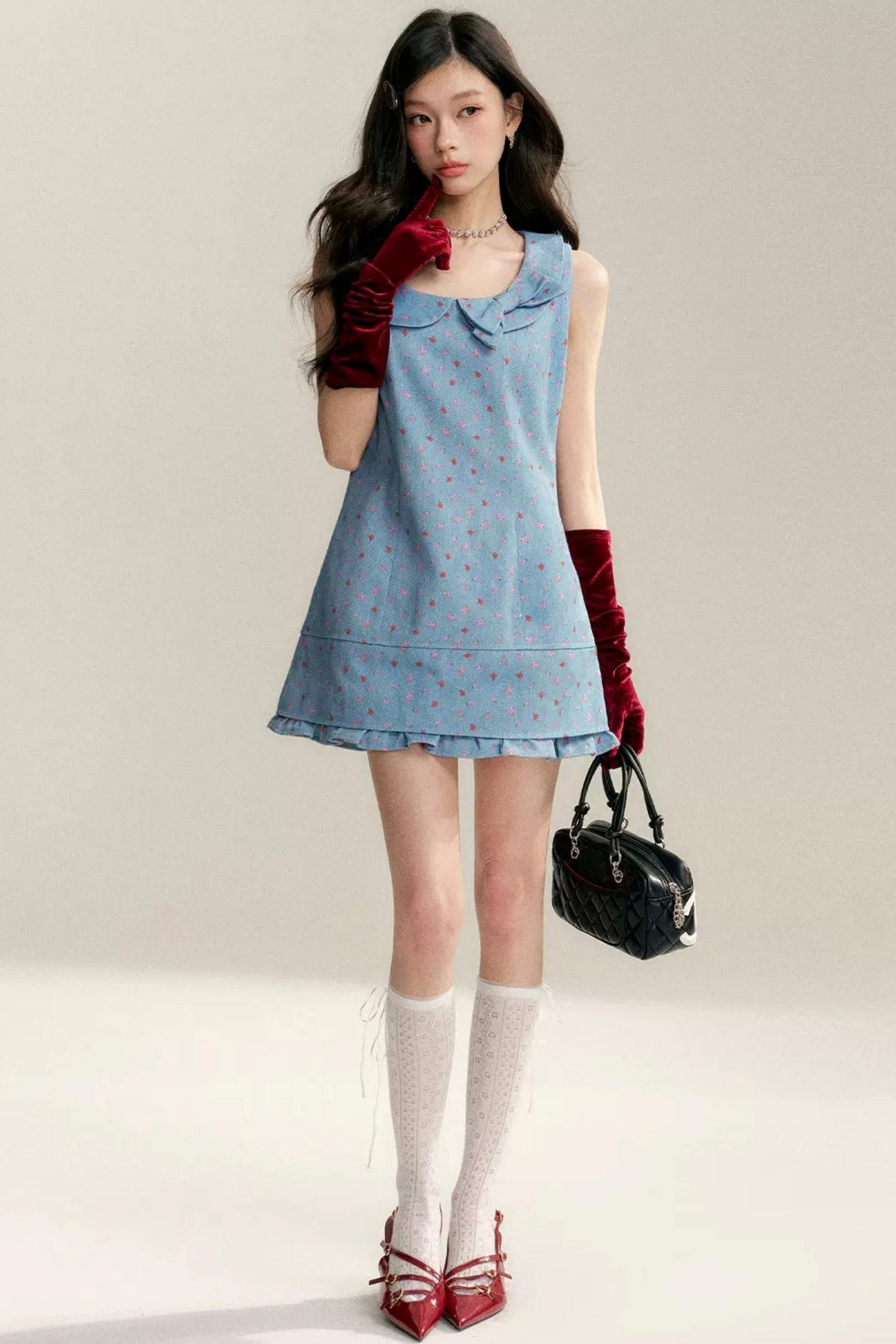 Contrast Floral Bow Collar Dress