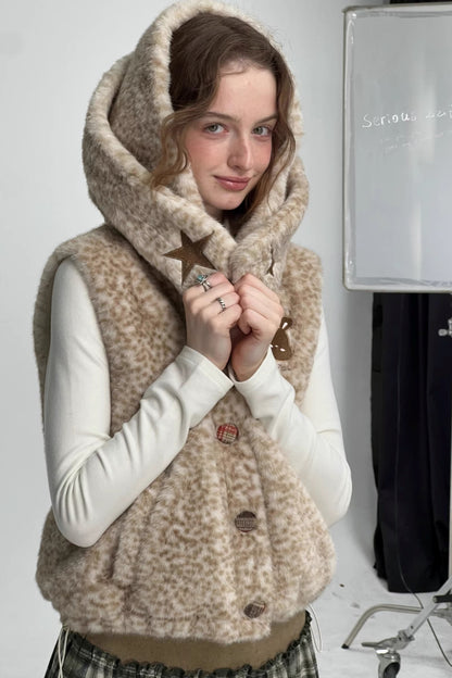 Black Leather Rabbit Hooded Vest Jacket