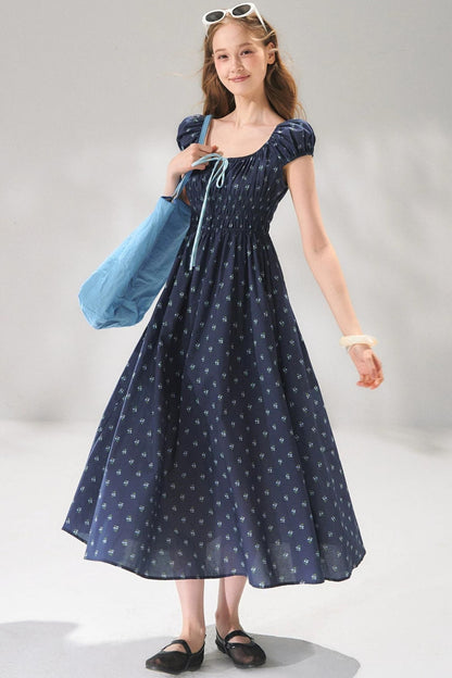 Abito floreale blu navy con lacci