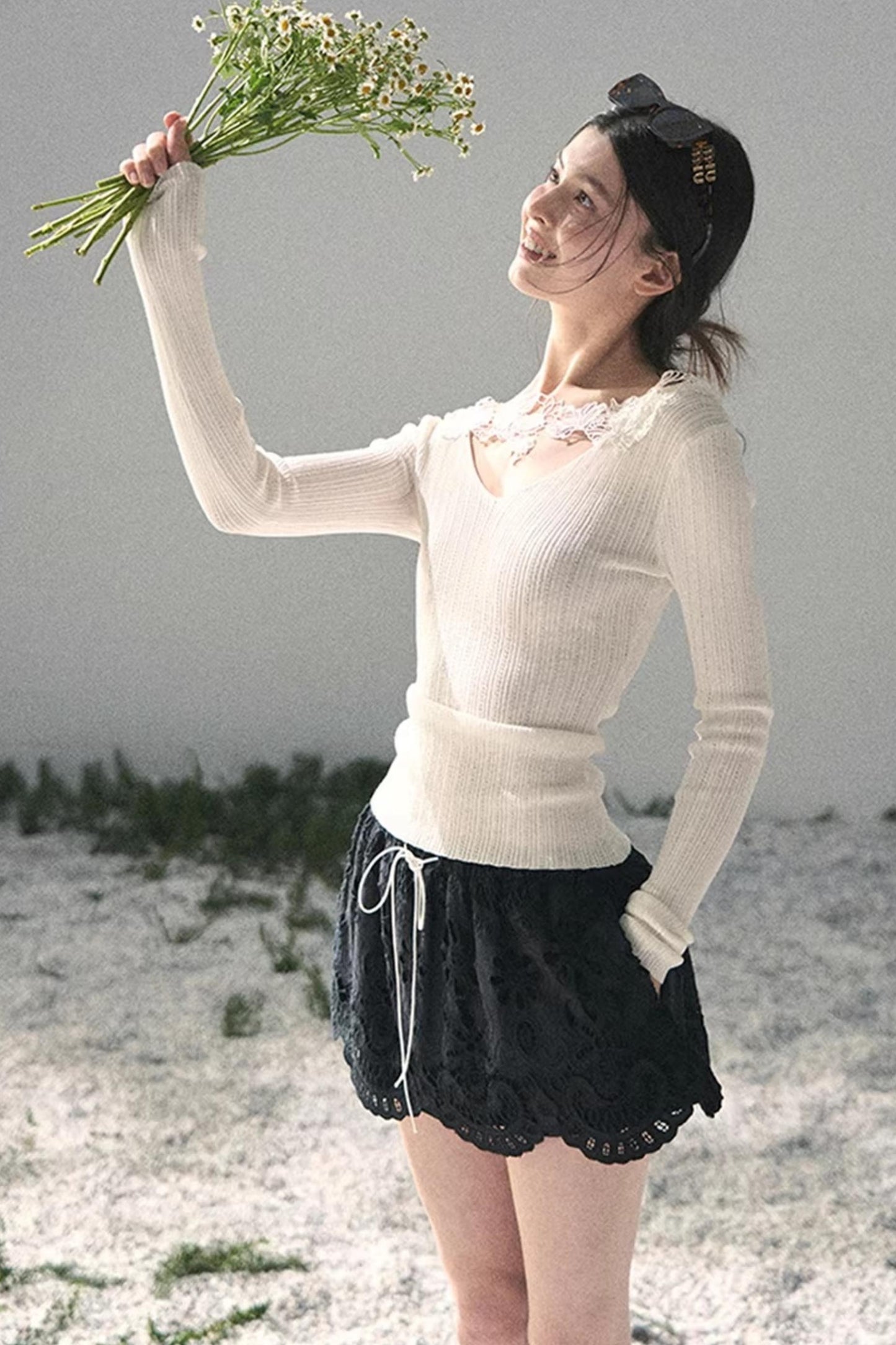Lace-Trimmed Knitted Top