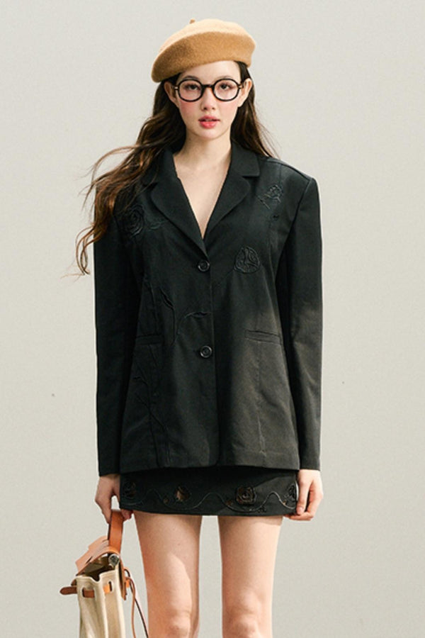 Roses Bloom Embroidered Blazer Skirt Set-Up 