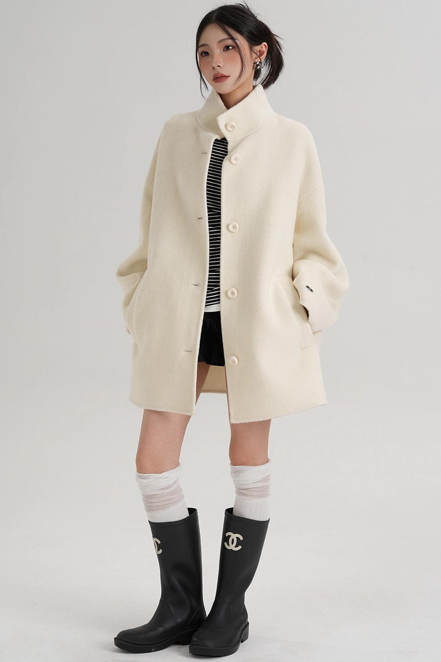 Stand-Up Collar Loose Sleeve Wool Jacket