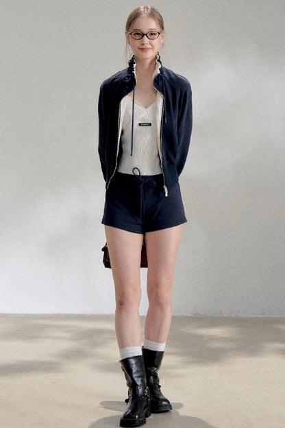 Textured White V-Neck Knitted Suspender Top