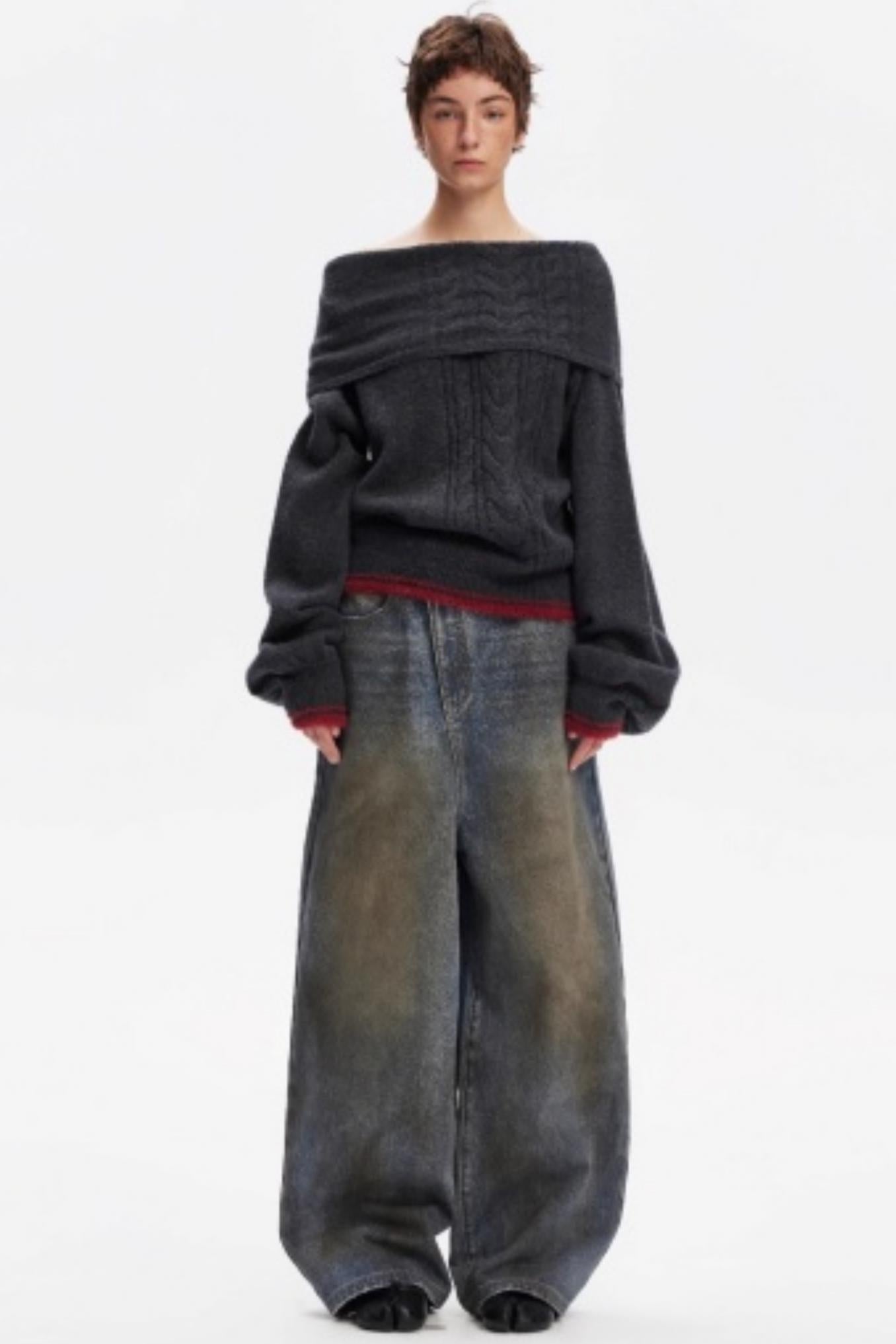 Off-Shoulder Color-Blocked Knit Sweater