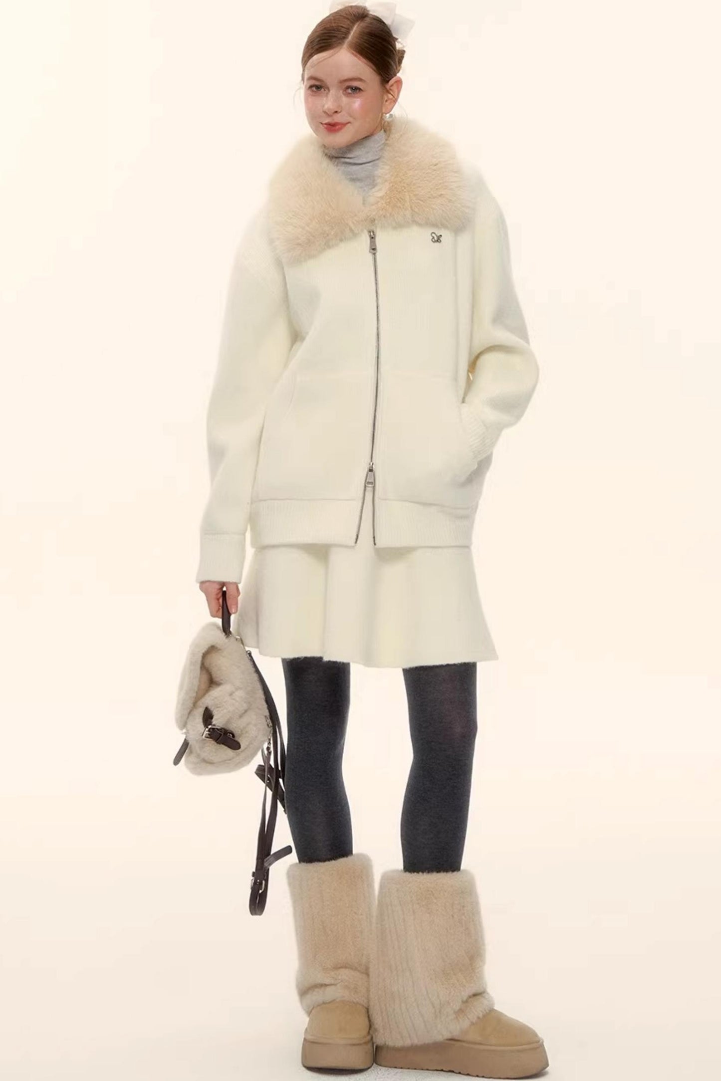 Wool Blend Lapel Fur Collar Coat Set-Up