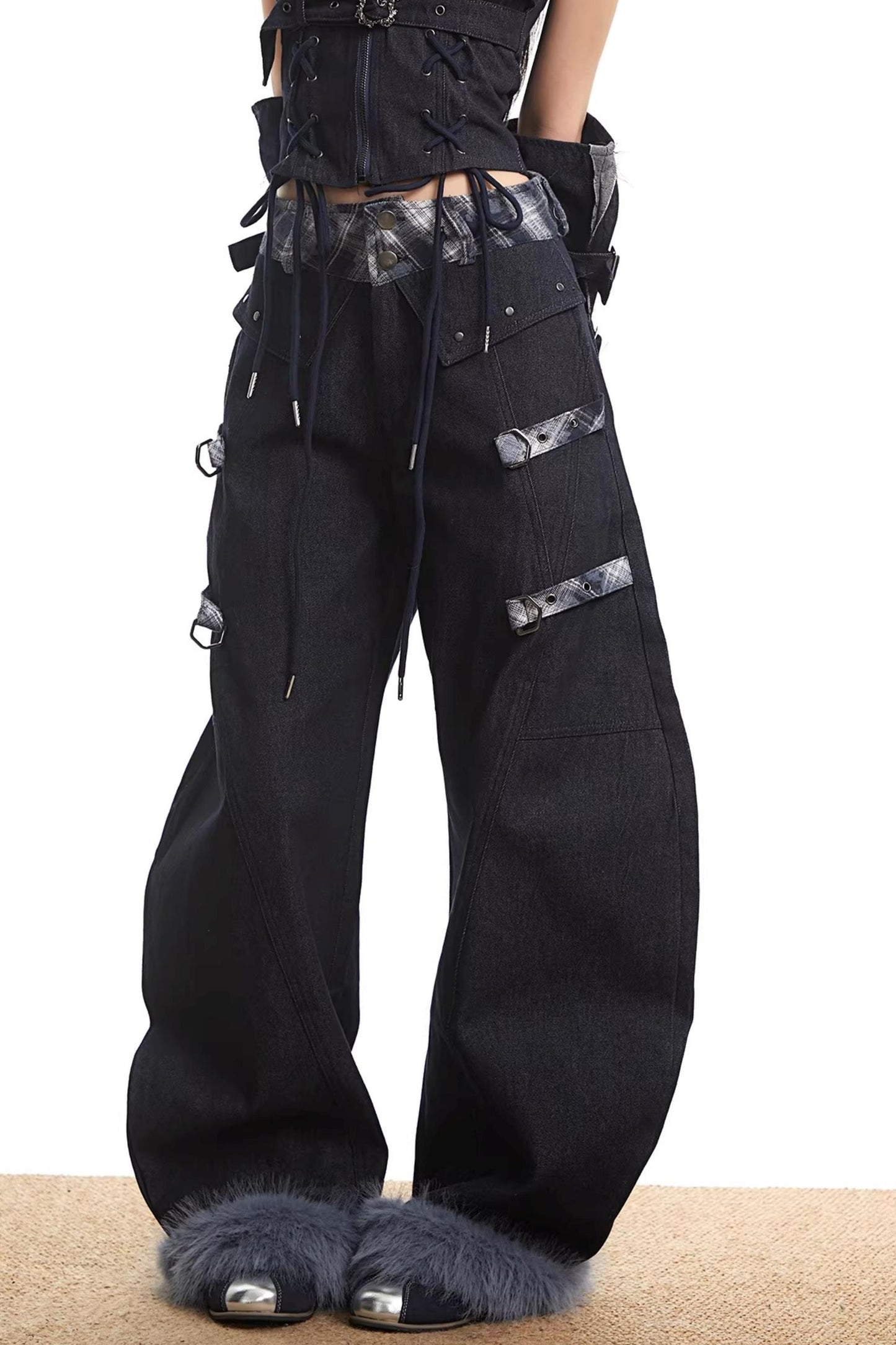 Plaid Patchwork Denim Set-Up