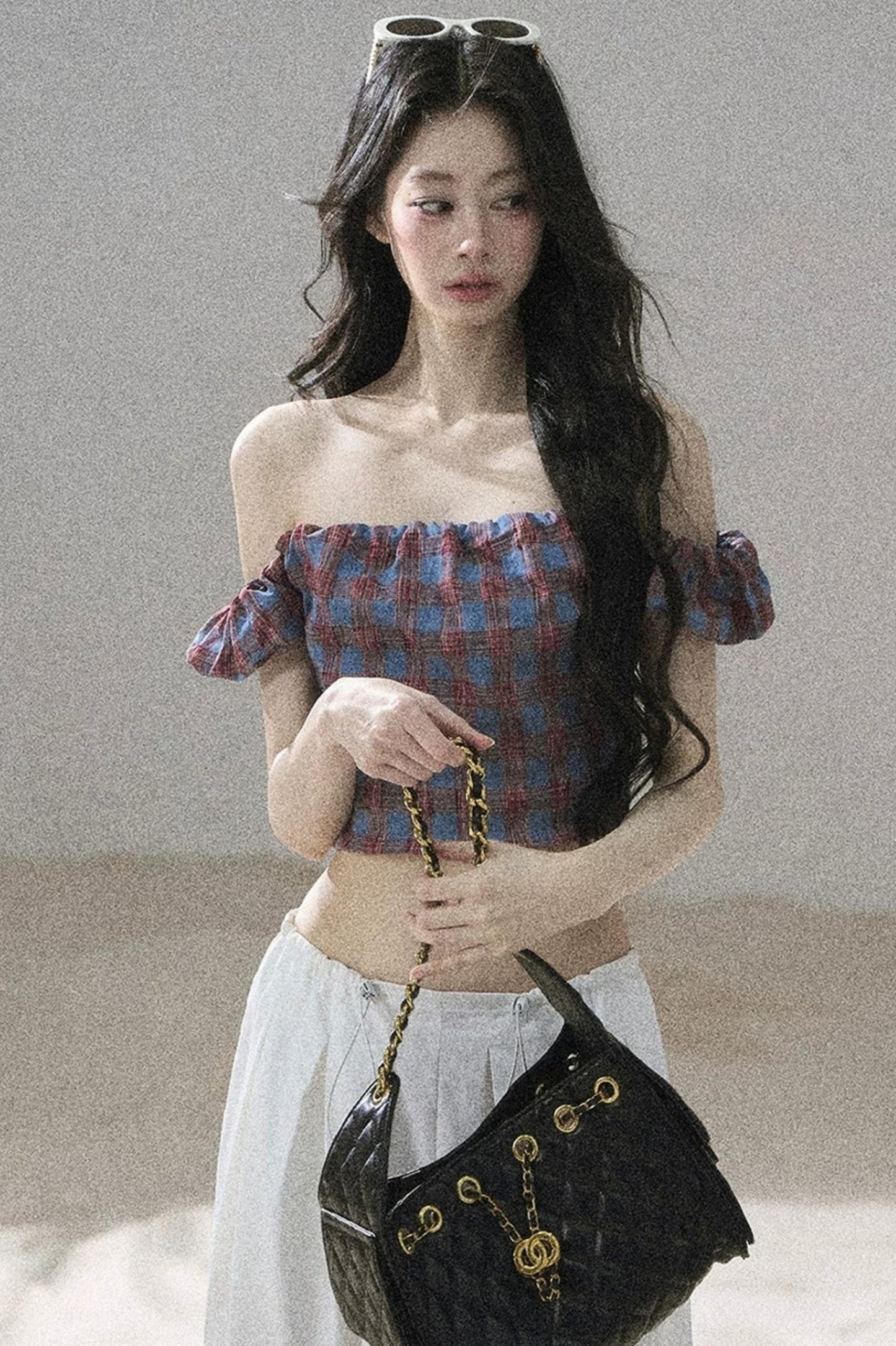 Youthful Plaid Off-Shoulder Top